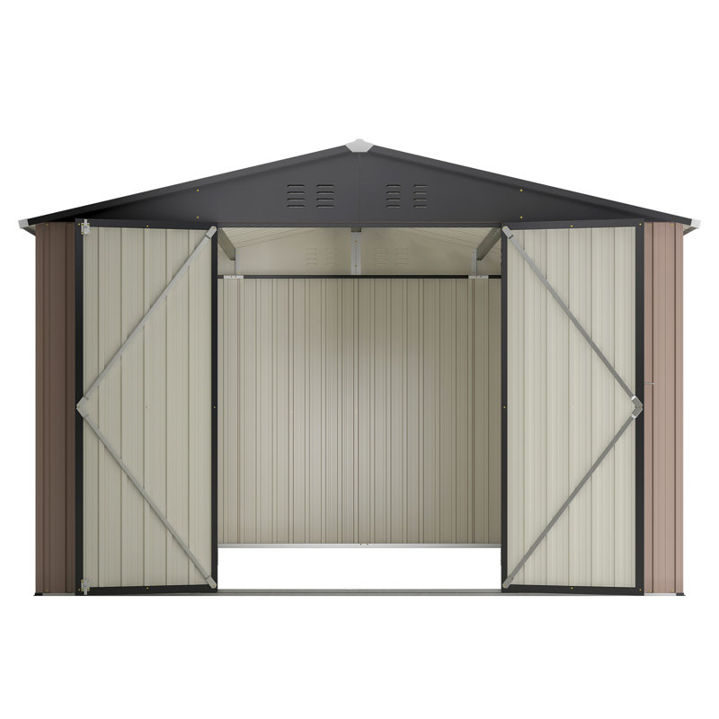 10' x 10' Brown Metal Garden Storage Shed with Double Doors