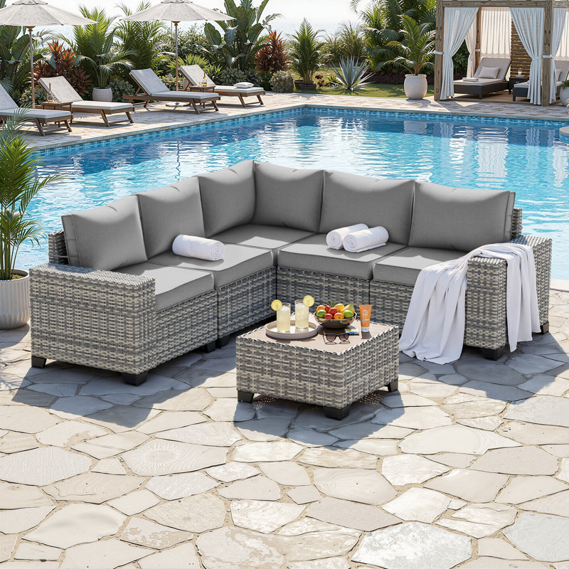 5-Person Outdoor Sectional Sofa Set With All-Weather HDPE Rattan, Cushions, And Wide Armrests, Gray