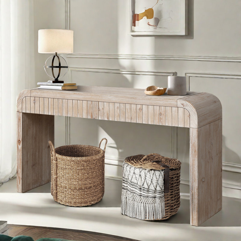Minelba Farmhouse Console Table with Two Hidden Handle Drawers and Curved Edge
