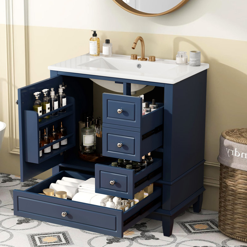 Armoire de meuble-lavabo 30 "avec lavabo en céramique, Bleu, Argent argent