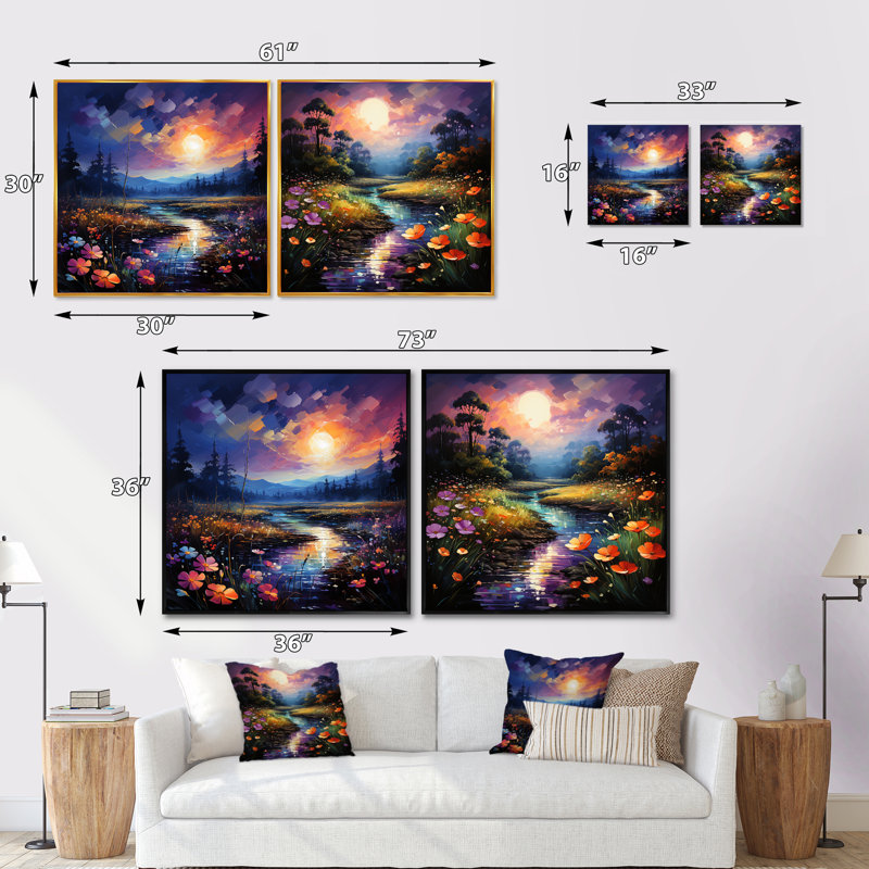 Luminous Blossoms At Night - Ensemble abstrait de paysages abstraits carrés, Cadre flottant doré, H 16 po x l 33 po