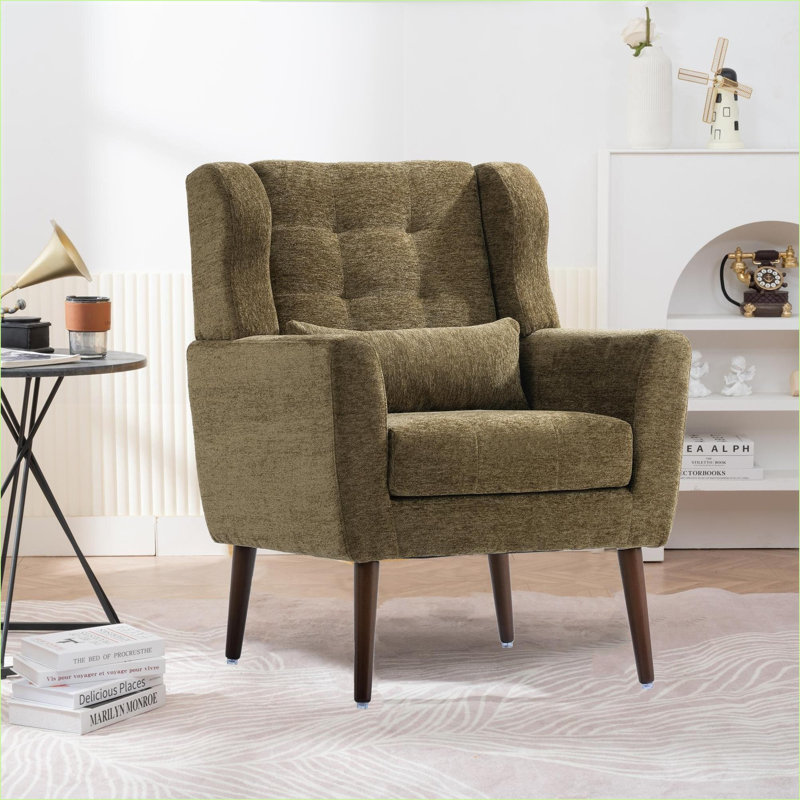 Fauteuil d'appoint en chenille vert olive rembourré Chenille