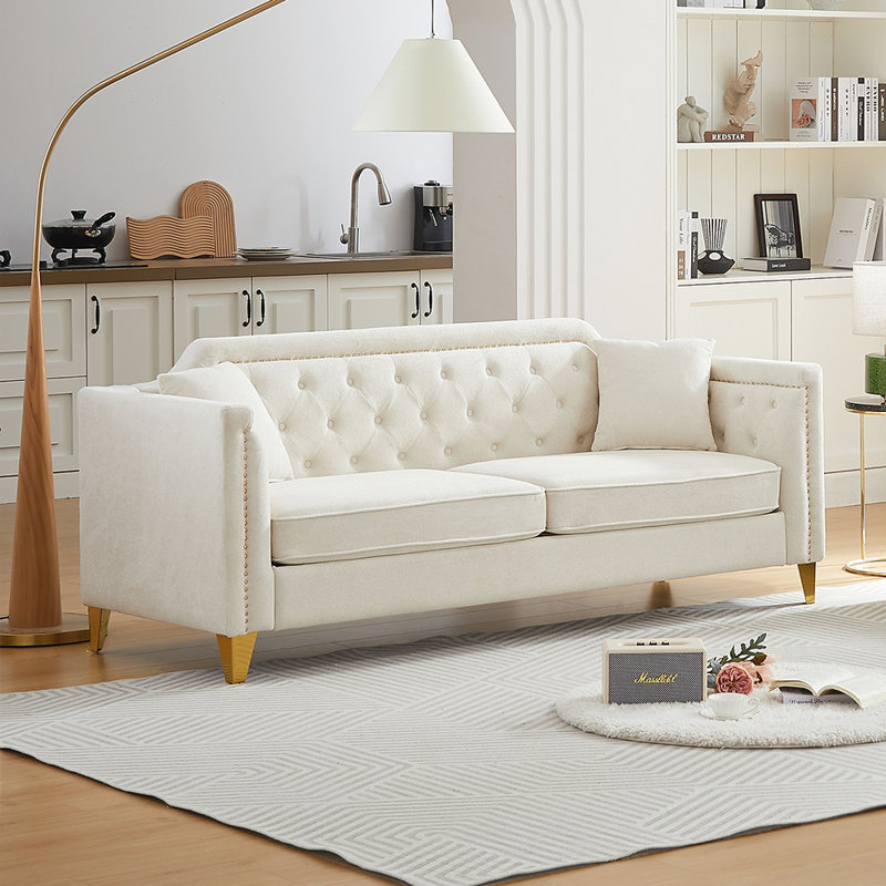 " mid-century modern chenille sofa | tufted buttons & copper nail armrest | 2 pillows | metal legs | stylish living room couch