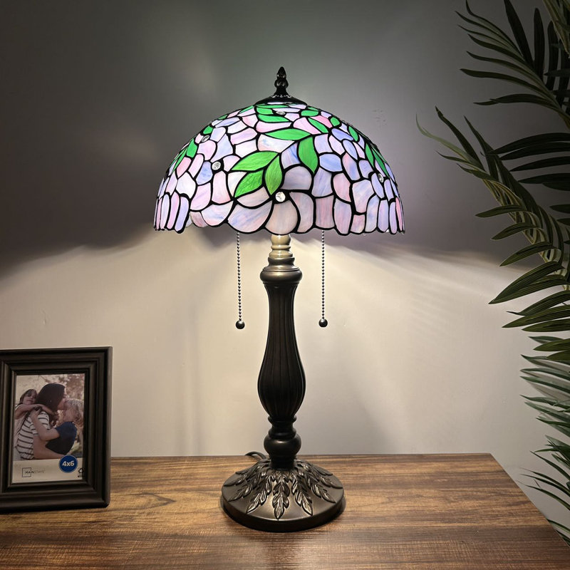 Bernia Tiffany Table Lamp Stained Glass Green Leave LED Bulb Included Pull Chain Switch 22" H, Purple