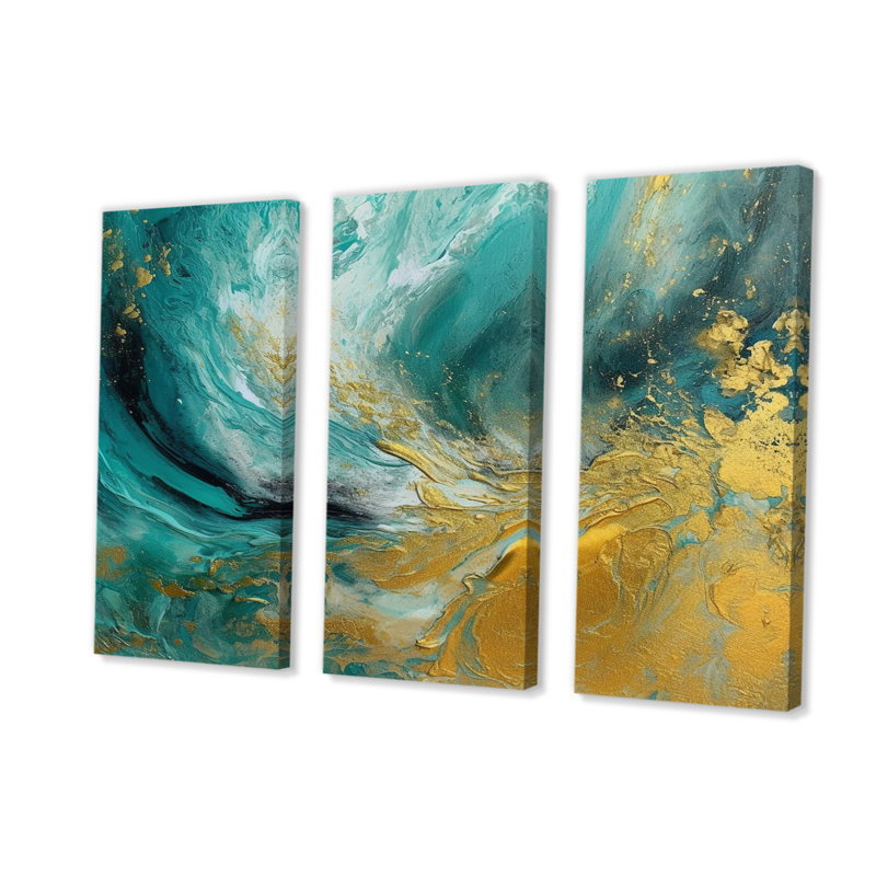 «Golden Turquoise Waves Breaking Abstract III» sur toile, reproduction de 3 pièces, H 40 po x l 60 po x P 1 po