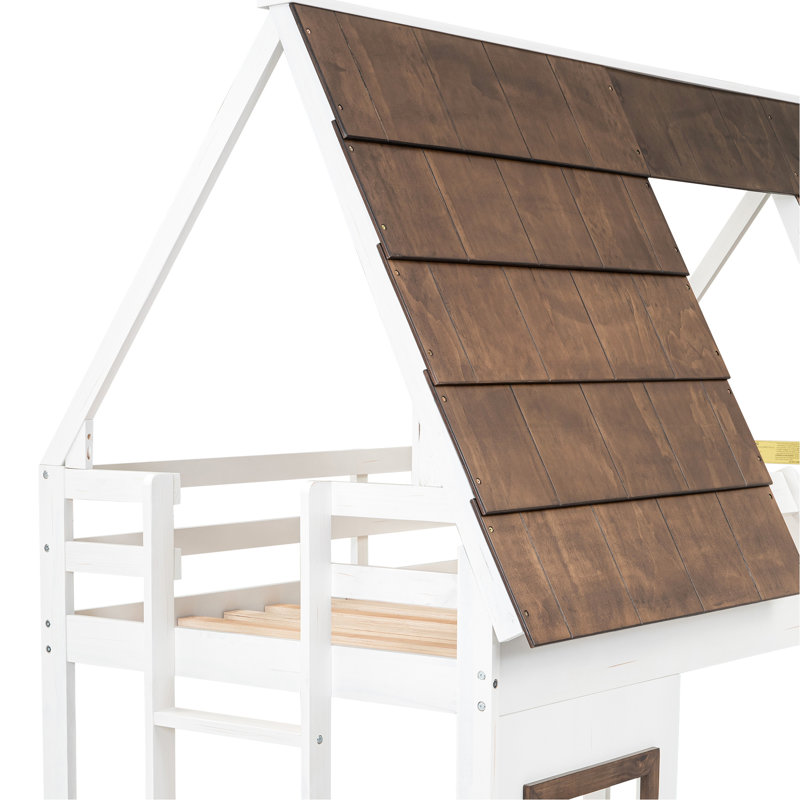 Lit superposé simple en blanc + brun - avec toit et glissade pour la chambre à coucher avec fabrication en bois