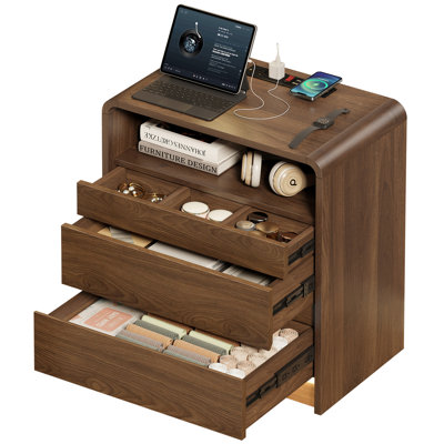 Table de chevet avec station de charge sans fil, lumière DEL à capteur de mouvement, table de chevet en bois 23,6 po avec 6 compartiments et coins arrondis certifiés FSC