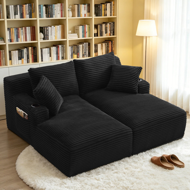 Masir Boneless Sleeper Couch,Double Chaises Lounge With Pillows, Could Plush Corduroy, Black