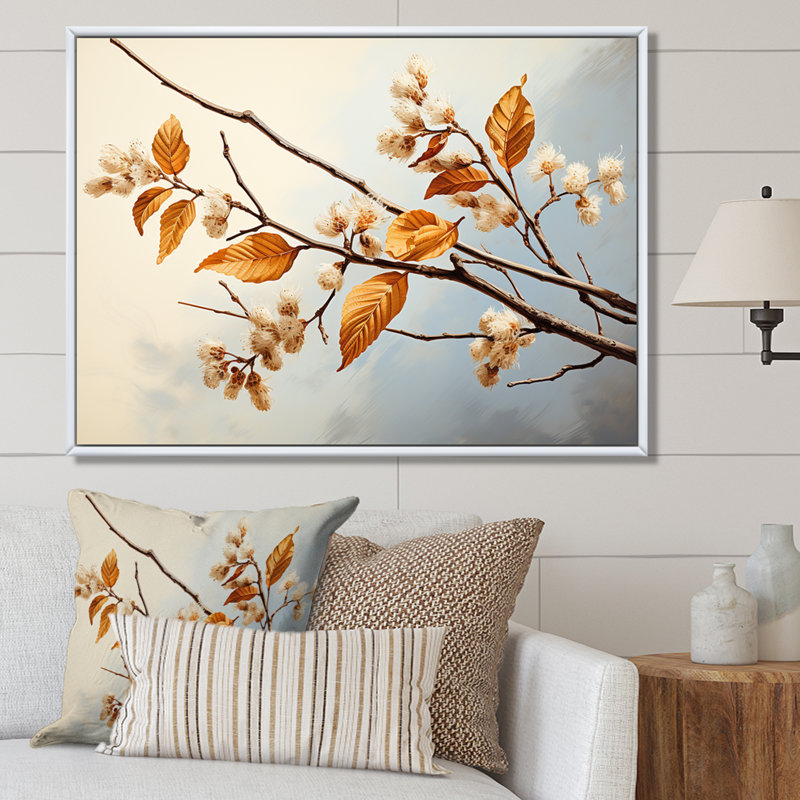 Douce branche de fleur de brun doux I, H 24 po x l 32 po x P 1 po, Cadre flottant doré