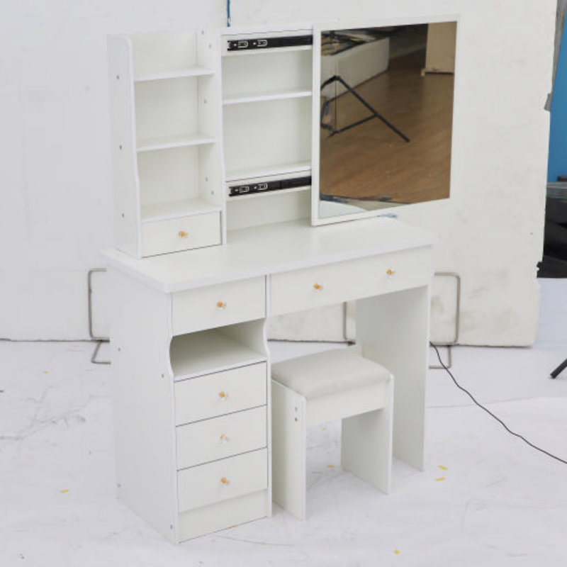 Meuble-lavabo de 37 po de taille moyenne avec tiroir à gauche et tabouret rembourré, très grand miroir coulissant à droite