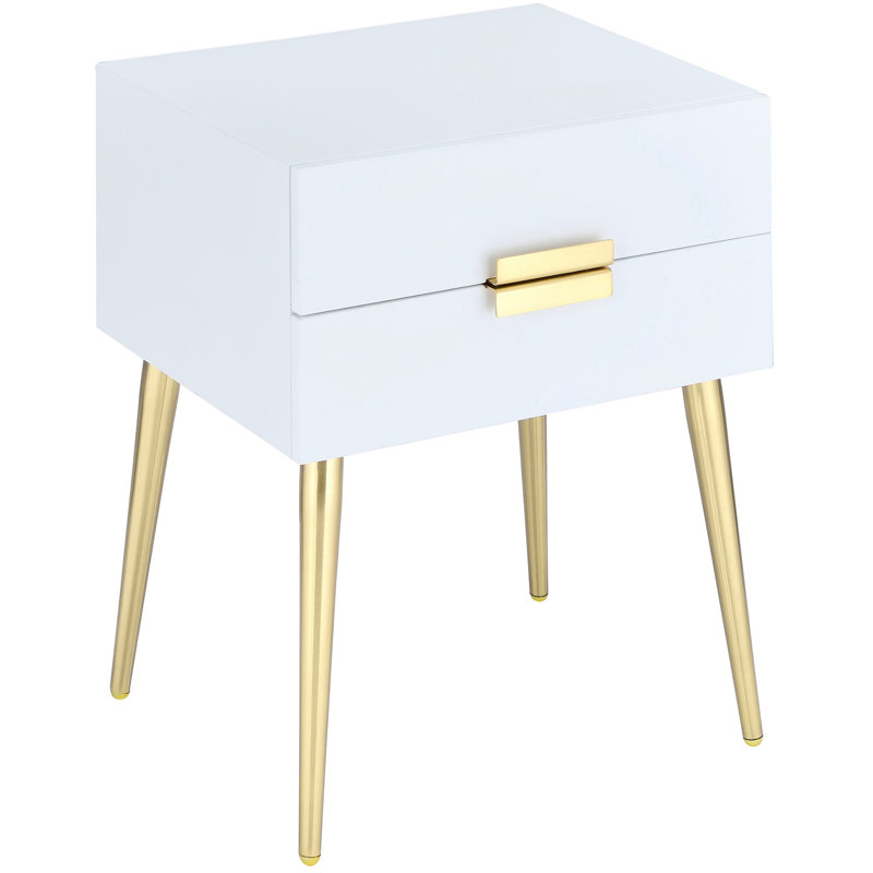 Table d'appoint compacte blanche et dorée avec espace de tiroir - convient aux petites pièces de style Mid-Century moderne 2 et compacte, dans des espaces plus petits, à l'extrémité, sur le côté, la nuit