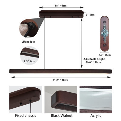 Luminaire suspendu DEL moderne en bois de noyer de 39 po, lumière réglable réglable pour la salle à manger, la cuisine et le salon - Finition de couleur noyer élégante