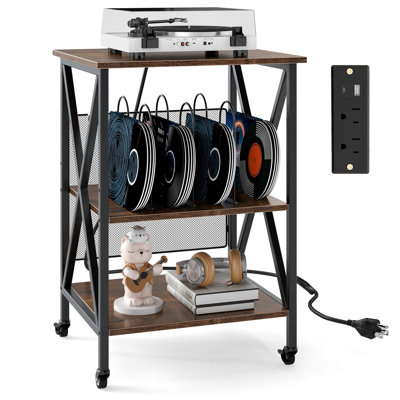 3-tier Record Player Stand With Metal Dividers Adjustable Shelf & Power Outlets by 17 Stories