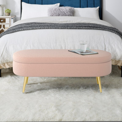  Oval Upholstered Storage Bench with Gold Metal Legs Modern End of Bed Ottoman Seating for Bedroom Entryway, Pink