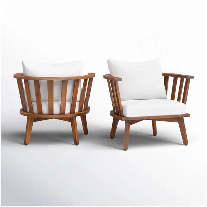 Set Of 2, Outdoor Acacia Wood Patio Club Chair, Wooden Patio Furniture,Waterproof Thick Cushion Deep Seating For Porch, Garden, Backyard, Balcony, Weight Capacity 400Lbs, Teak Finish, White