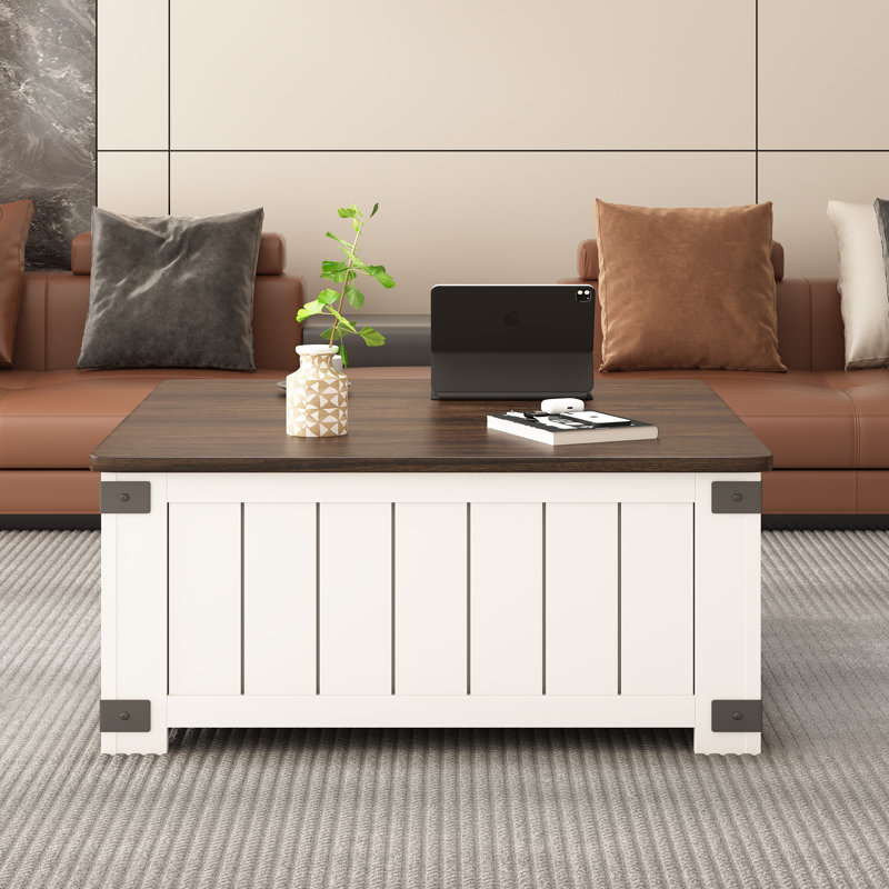 White and Brown Square Lift-Top Coffee Table with Storage