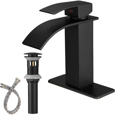 Mosson Matte Black Waterfall Faucet Set with 6-Inch Square Deck Plate and Plastic Pop-Up Drain