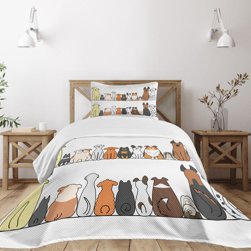 White Twin Kids Unisex Quilted Bedspread Set with Dog Print