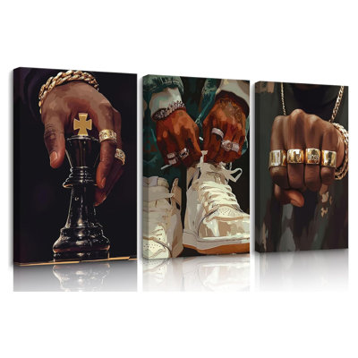 3Pcs Hip Hop Black Men Wall Art Urban African American Man Wall Decor Fashion Male Posters Prints Boss Rings Pictures King Chess Gold Chain Street Painting For Living Room Bedroom 16X24in Canvas