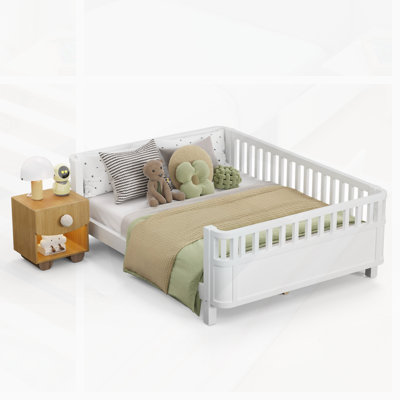Full Size Wood Platform Bed With Safety Guardrails And Durable Construction For Kids And Adults
