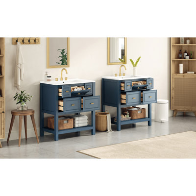 Meuble-lavabo de 60 po avec lavabo en céramique, apparence moderne bleue et dorée, rangement à 10 tiroirs, ensemble de meuble-lavabo simple 60 po