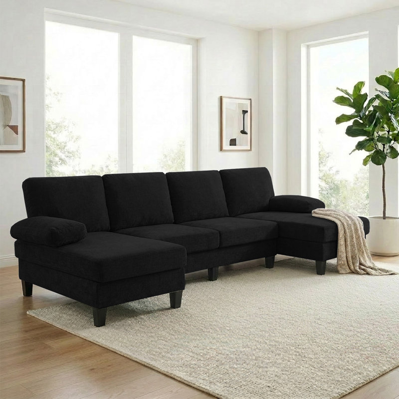 Canapé modulaire en chenille de 110 po en forme de U avec double chaises et accoudoirs larges, Noir