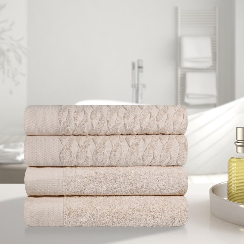 Nisswa Turkish Cotton 4 Piece Jacquard Herringbone and Solid Medium Weight Bath Towel Set, Ivory