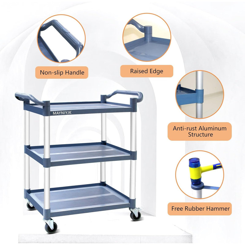 Plastic Utility Carts with Wheels, 3-Tier Restaurant Cart, Heavy Duty Rolling Cart Food Service Cart 420LBS, Bus Cart with Lockable Wheels and Rubber Hammer