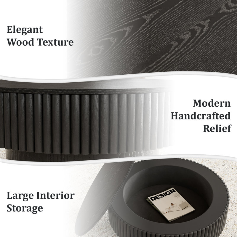 Round Drum Coffee Table with Storage, 14" H x 31.5" W x 31.5" D, Black