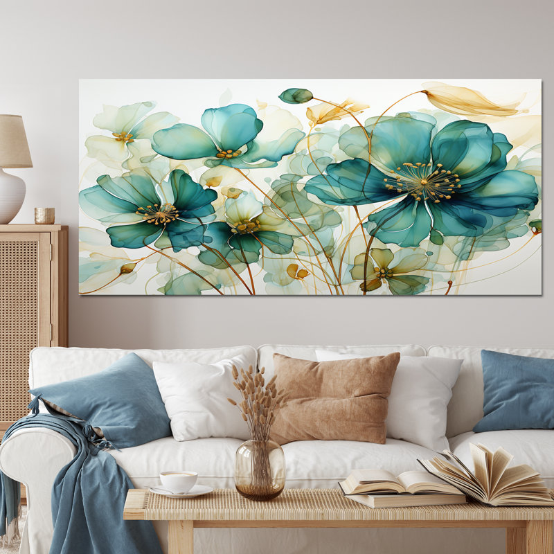 «Teal Green Organic croissance - Abstract Botanicals», art mural, Toile tendue, 24" H x 32" W