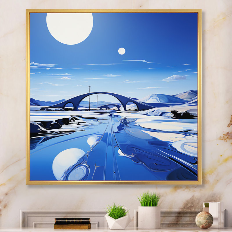 " Blue Modern Bridge Scenery II ", 24" H x 24" W x 1" D, Gold Floater Framed