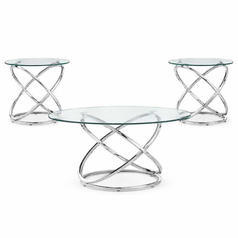 Ensemble de tables basses contemporaines en acier inoxydable avec deux tables de bout de couleur chrome, de conception moderne et de fabrication robuste pour les espaces de vie principaux