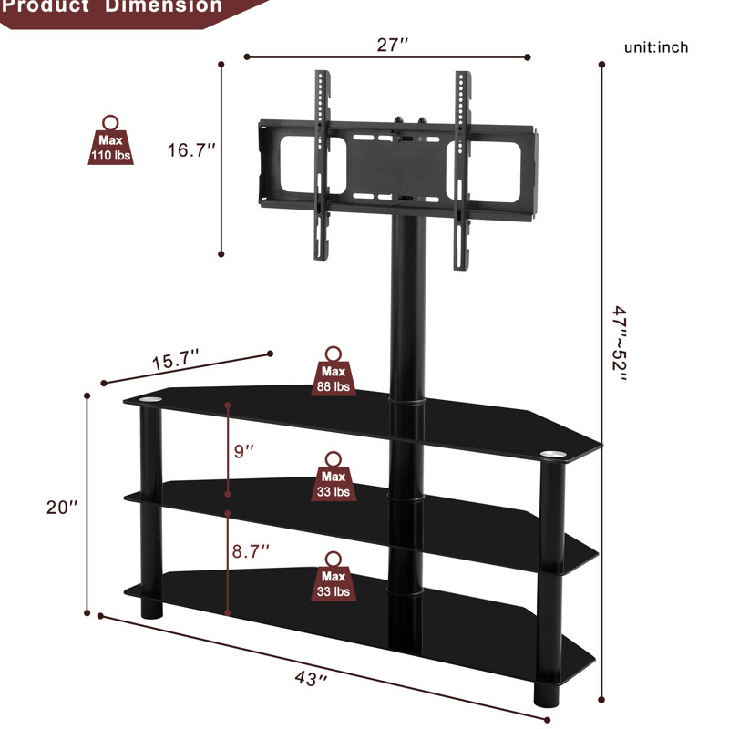 Black Tv Stand With 3 Swivel Shelves And Adjustable Height Functionality Option, Fits 32 - 65 Inch Tvs Option ,