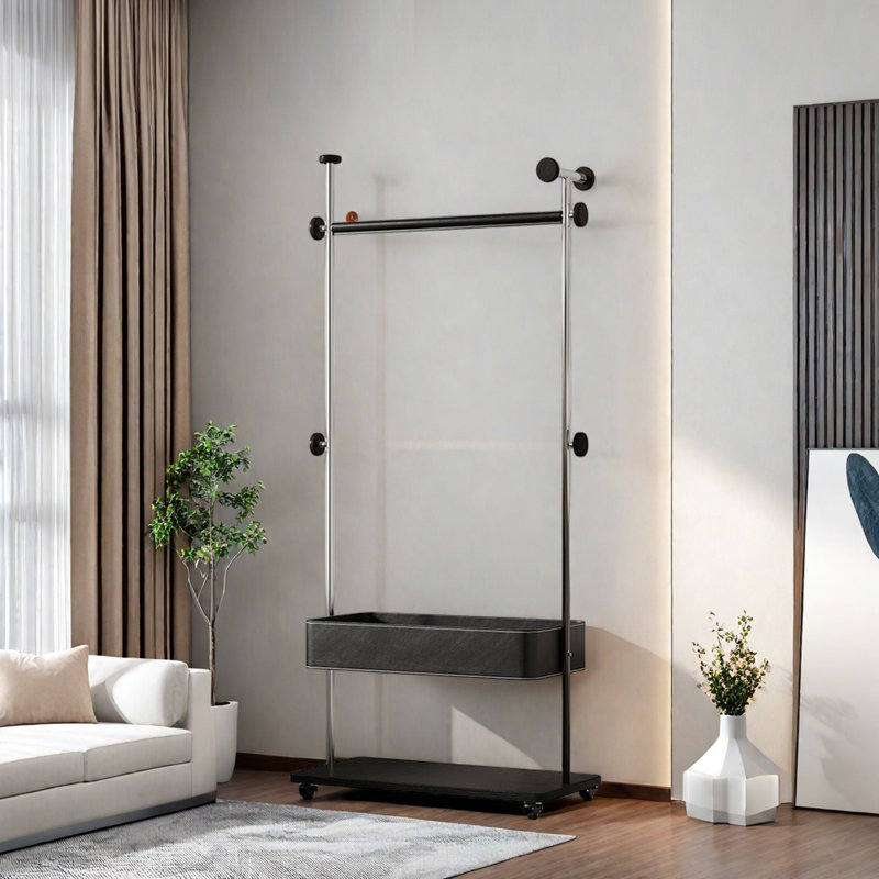 Portemanteau en acier inoxydable et bois de cerisier avec roulettes, Noir