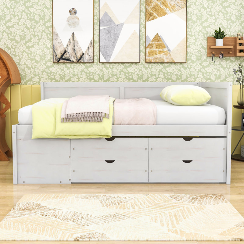 Lit de jour avec tiroirs et tablettes, Complet/Double, Blanc