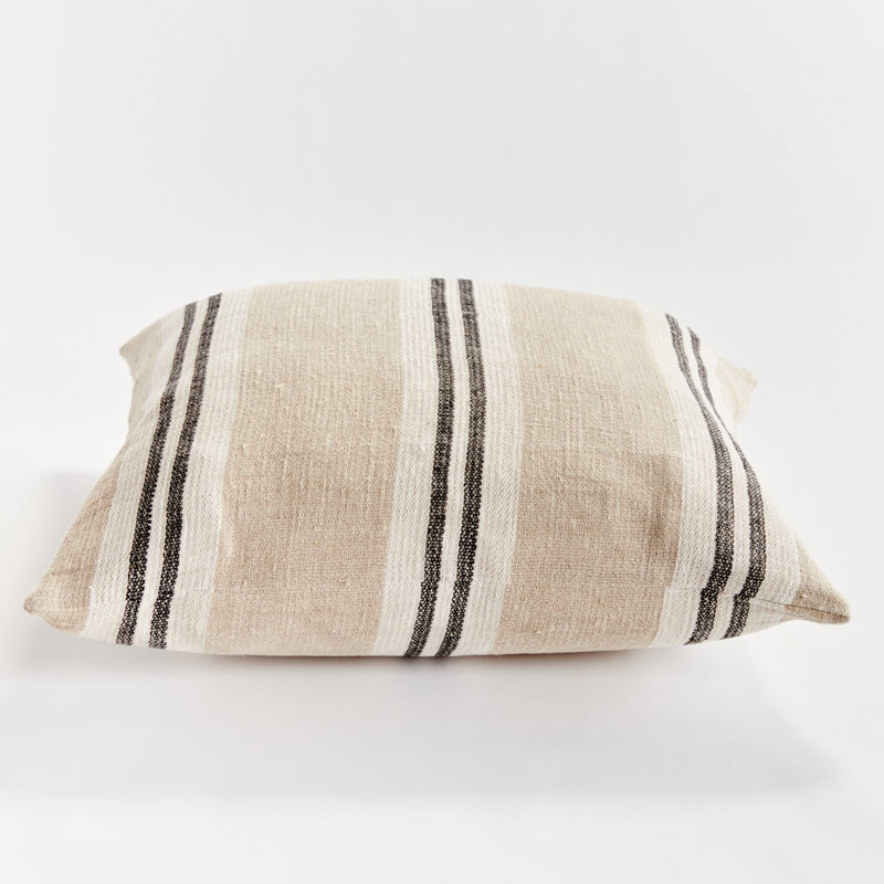 Finn Linen Throw Square Pillow Cover & Insert, Square 24" x 24", Flax/Charcoal Striped 1