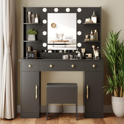 Ensemble de coiffeuse moderne avec miroir Guram avec miroir, dix ampoules et lumière réglable Dazzle, 7 tiroirs et tabouret, prise de courant USB