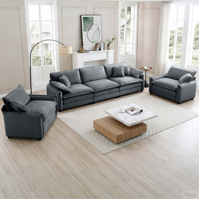 Warm and Cozy Sofa Set with Soft Cushions and Pillows, Home Theater Style Sofa Set Consisting of a 3-Seater Sofa and Two Single Sofas inGrey Corduroy Fabric