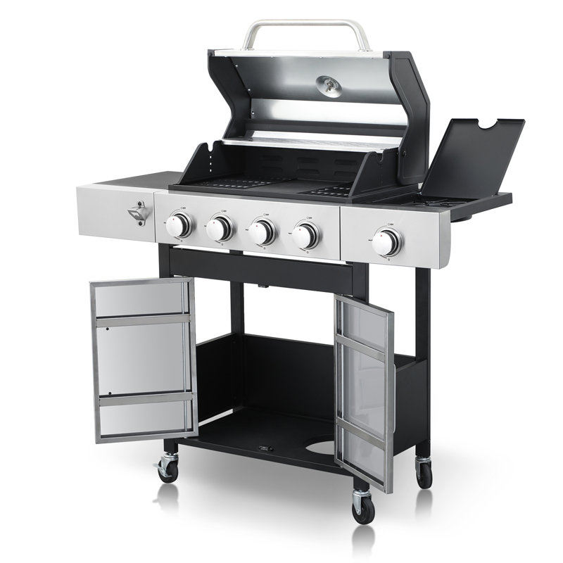 Barbecue au propane à 4 brûleurs avec brûleur latéral et grilles de cuisson en fonte émaillée