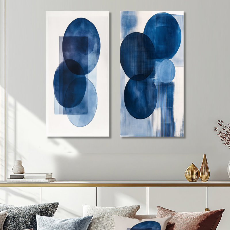 «Calming Abstract Circles and Grids in Cool Tones», ensemble de 2 impressions murales contemporaines en métal bleues