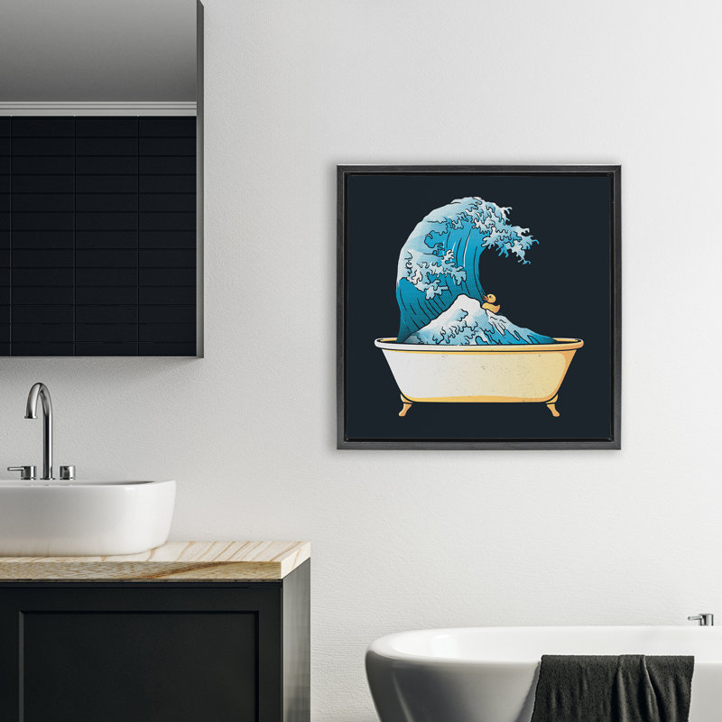 Bathtub with Kanagawa Wave Floating Frame, design by Tobe Fonseca, 25" H x 25" W, Jet Black Floater Framed