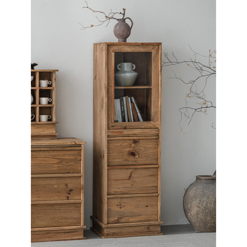 Rustic Glass-Door Narrow Cabinet, Three Drawers