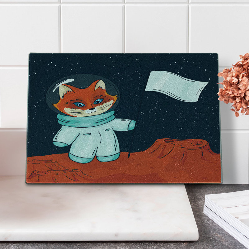 Ambesonne Explore Tempered Glass Cutting Board Fox Cosmonaut Space Multicolor