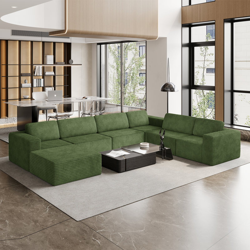 Modular Oversized 404Cm 6-Seater Right-Facing L-Shaped Corduroy Sofa, No Assembly Required   , Green