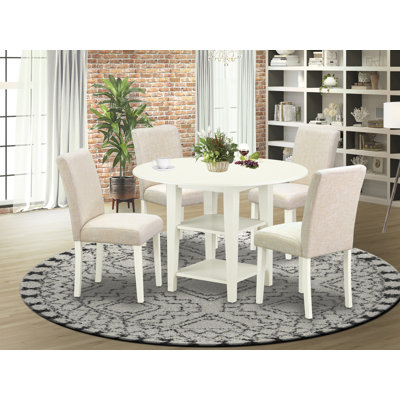 5 Piece Kitchen Table Set Includes a Round Dining Table with Dropleaf & Shelves and 4 Light Beige Linen Fabric Upholstered Chairs, Linen White