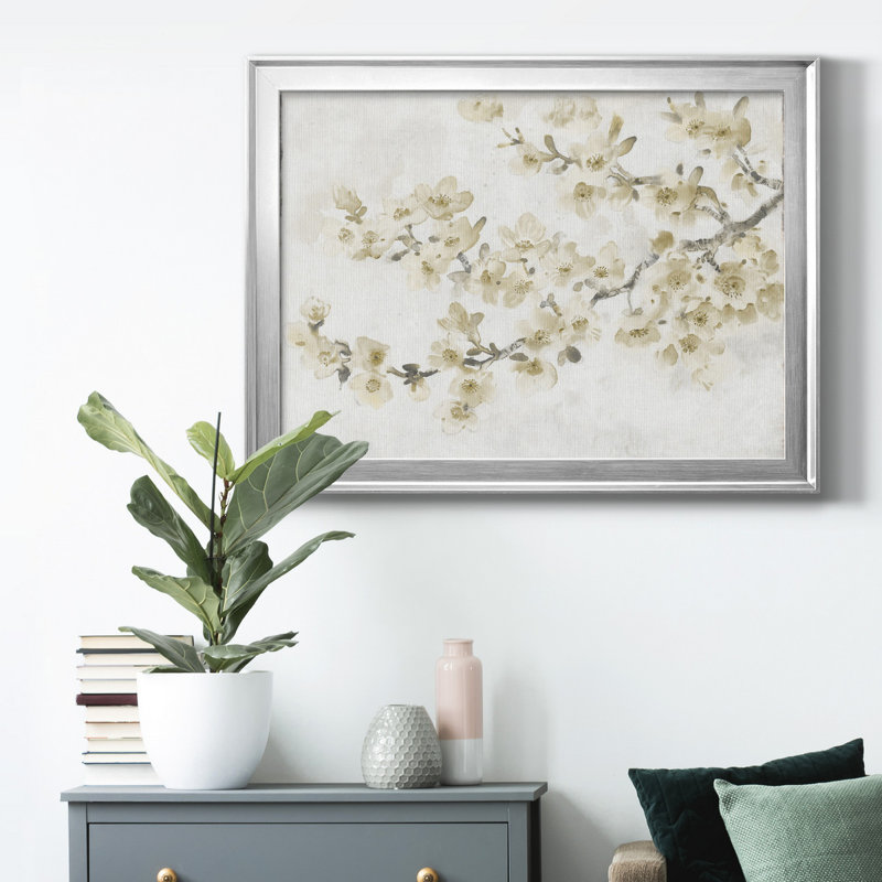 «Neutral Cherry Blossom Composition I», peinture sur toile encadrée, Cadre argenté, H 18,5 po x l 24,5 po x P 1 po