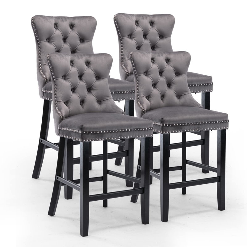 Tabouret de bar rembourré en velours avec dossier capitonné, Gris, Noir, 4