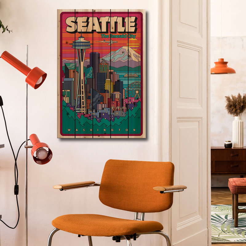 Impression sur bois en bois - Pop Art de Seattle par Jim Zahniser, H 26 po x l 18 po
