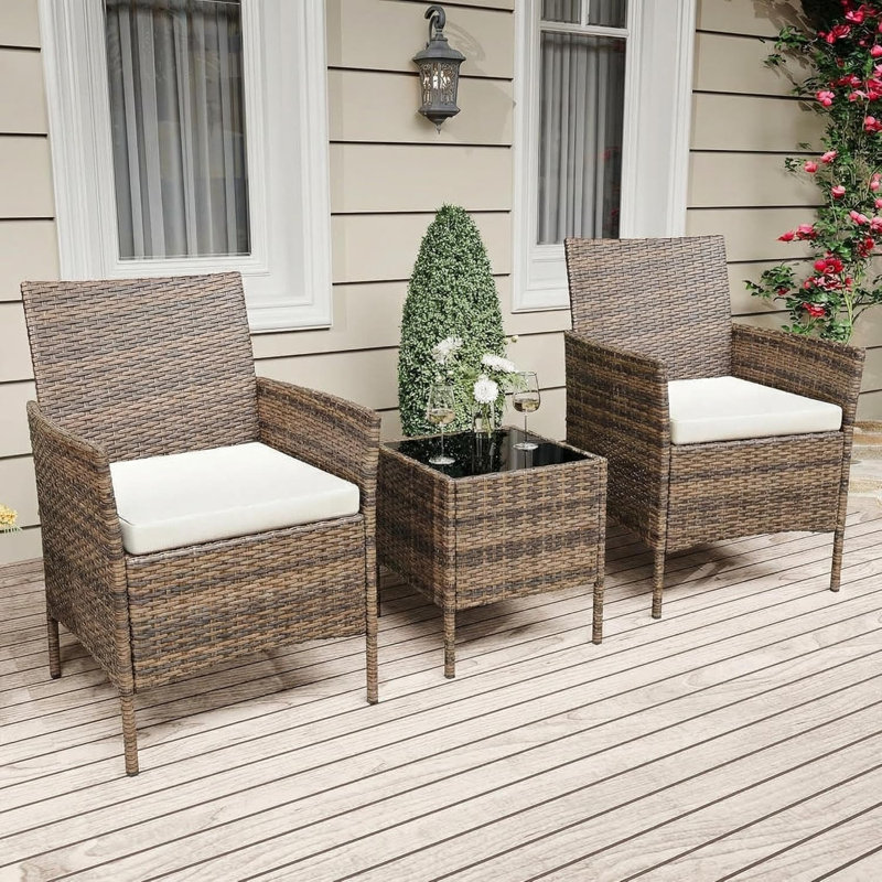 3-Piece Outdoor Patio Bistro Set,Brown Gradient Rattan Conversation Furniture,Creamy-White Cushions, Tempered Glass Table,For Garden,Backyard,Porch,Balcony–Brown Gradient Rattan+Creamy-White Cushion