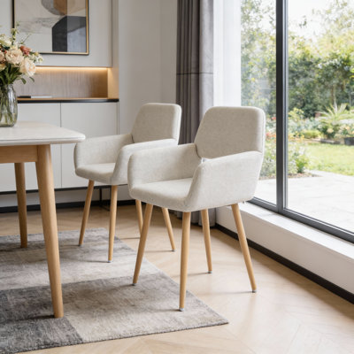 Ensemble de deux chaises de salle à manger en acier et tissu beige et chêne